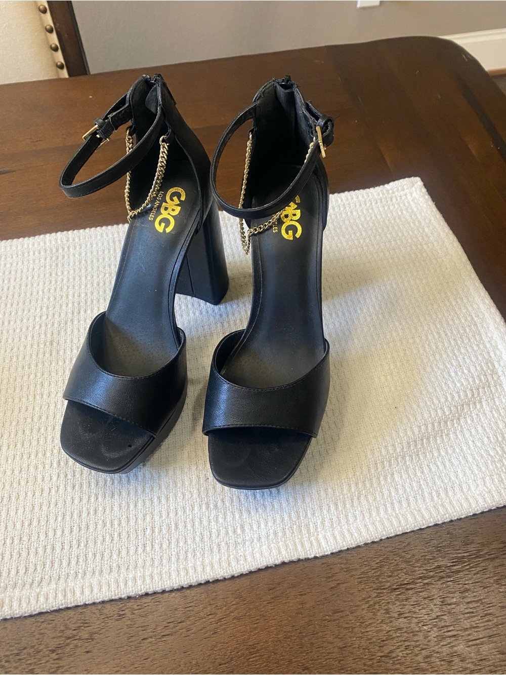 G by Guess Black Platform Block Heels with Gold Chain